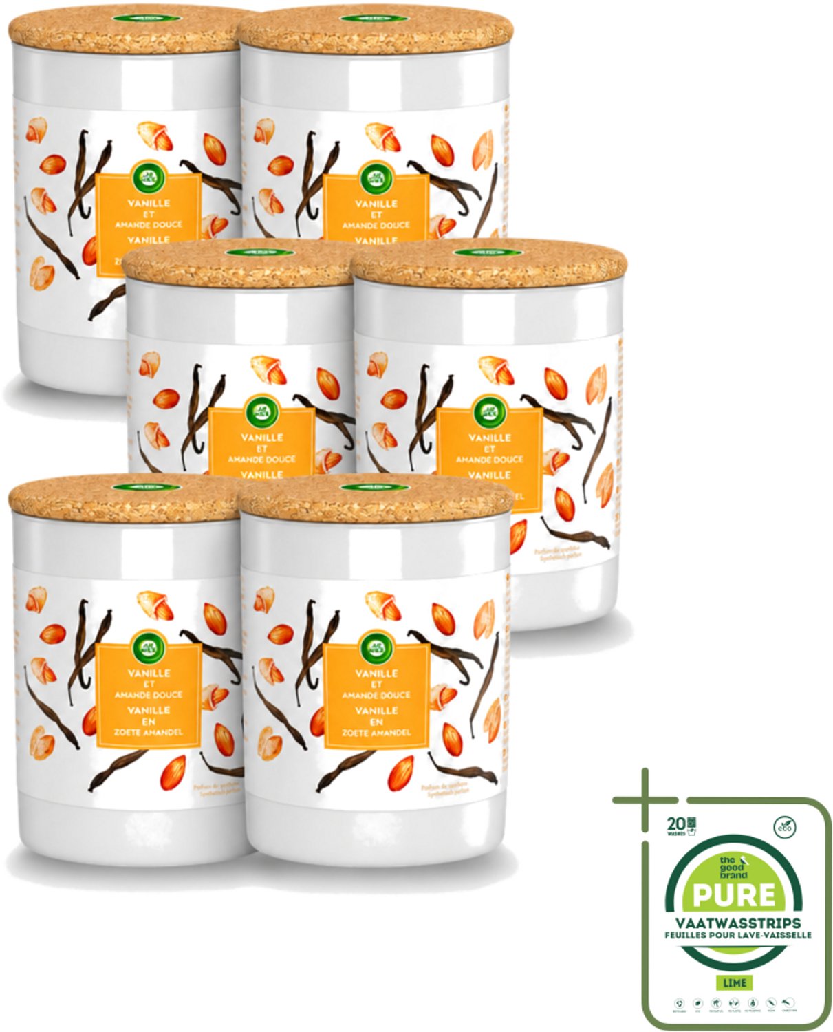 Air Wick 6 x Air Wick - Geurkaars - Vanille & Zoete Amandel - 35 Uur Brandduur - Grootverpakking - Vaatwasstrips - Geurkaars - Vanille - Amandel - Warme Geur - Sfeer Oranje