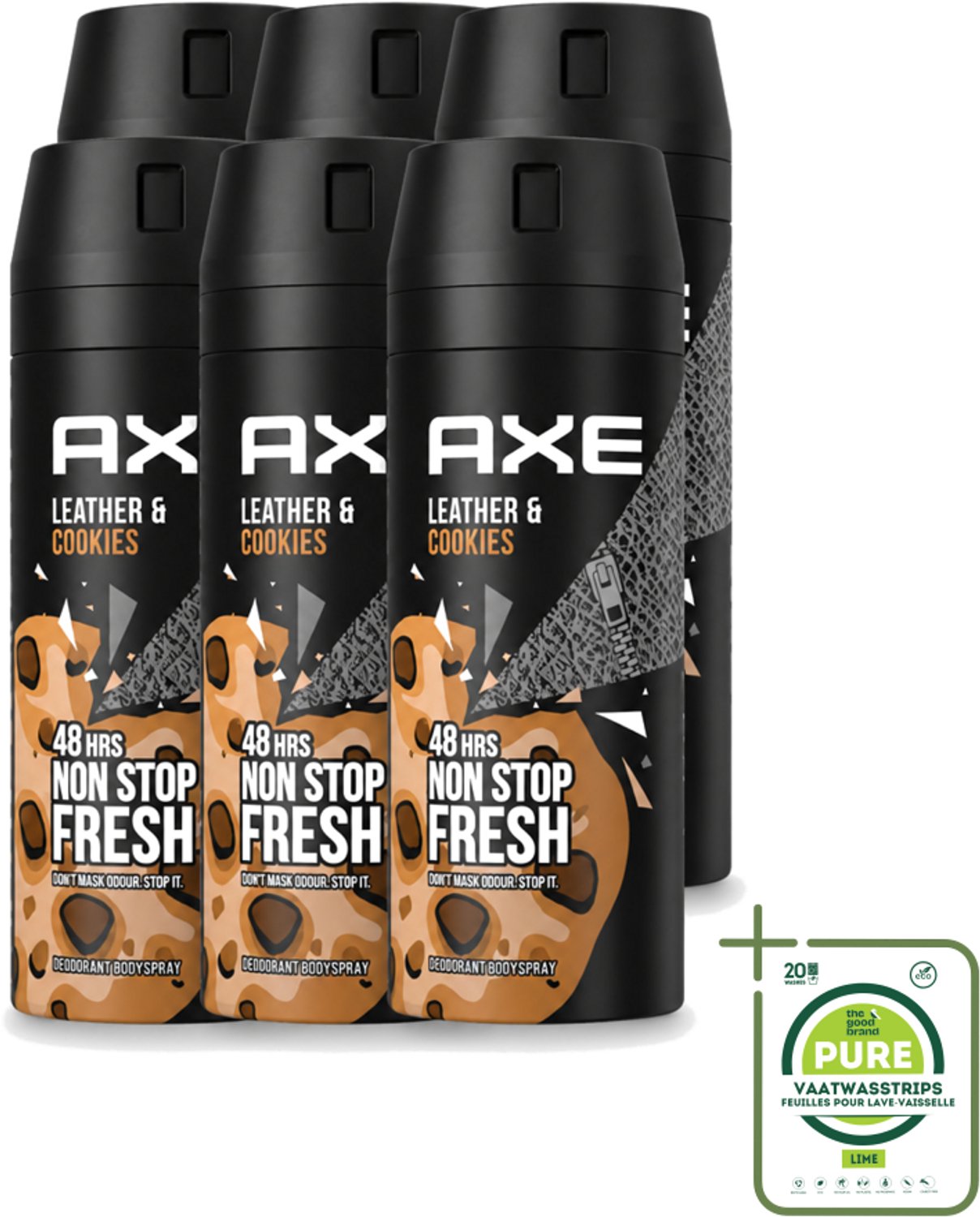 6 x Axe - Deodorant Bodyspray - 48hrs Fresh - Leather & Cookies - 150 ml - Grootverpakking - Vaatwasstrips - Deodorant - Bodyspray - 48 Uur Bescherming - Leer En Koekjes Geur - Zinktechnologie