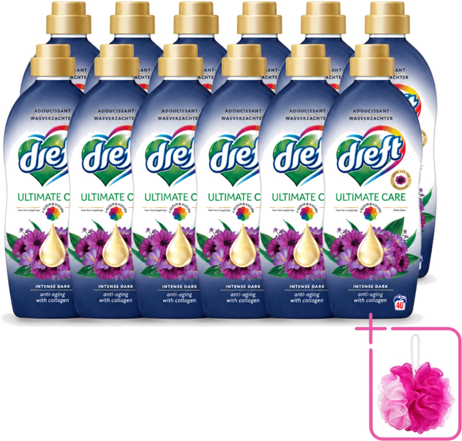 12 x Dreft – Wasverzachter – Ultimate Care Intense Dark – 40 Wasbeurten - Bulkverpakking - Wasverzachter - Douchemop - Kleurbescherming
