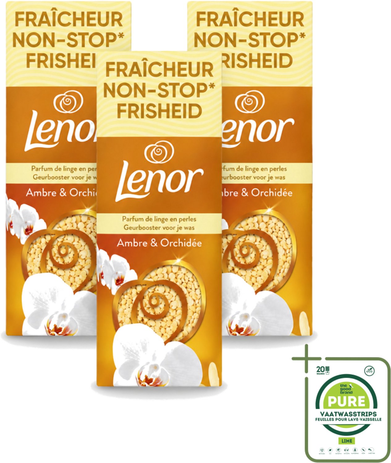 3 x Lenor – Geurbooster – Amber & Orchidee – 12 Wasbeurten – 155 g - Grootverpakking - Vaatwasstrips - Geurparels - Wasgeur - Luxegeur - Orchidee - Vanille