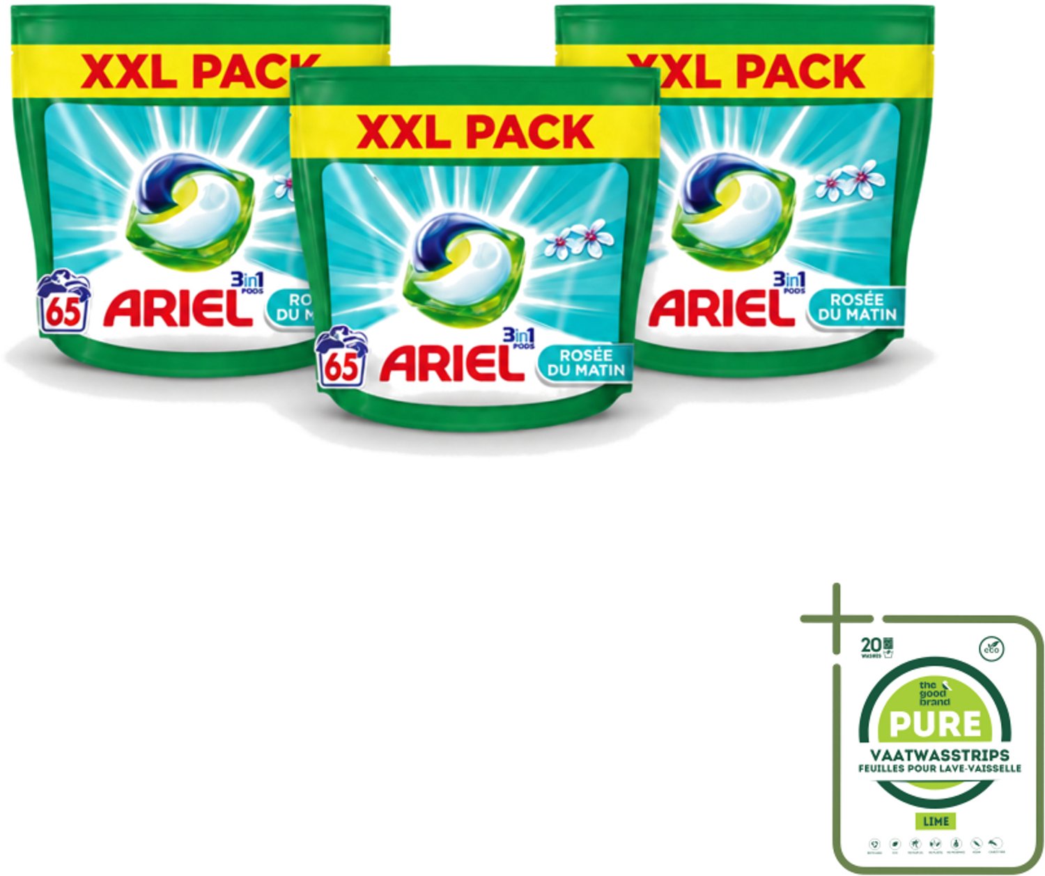 3 x Ariel – Pods 3in1 – Rosée du Matin – 1332 g – 65 wasbeurten - Grootverpakking - Vaatwasstrips - Ariel 3in1 Pods Rosée Du Matin - 3in1 Waspods - Wasmiddel Met Kleurbehoud - Wasmiddel Voor Gekleurde Kleding - Frisse Geur