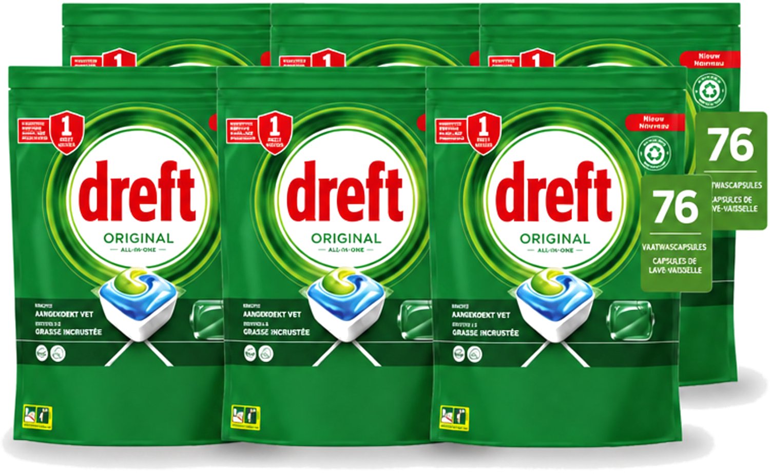 6 x Dreft – Vaatwascapsules – Original All-in-One – 76 Capsules - Voordeelverpakking - 6 stuks