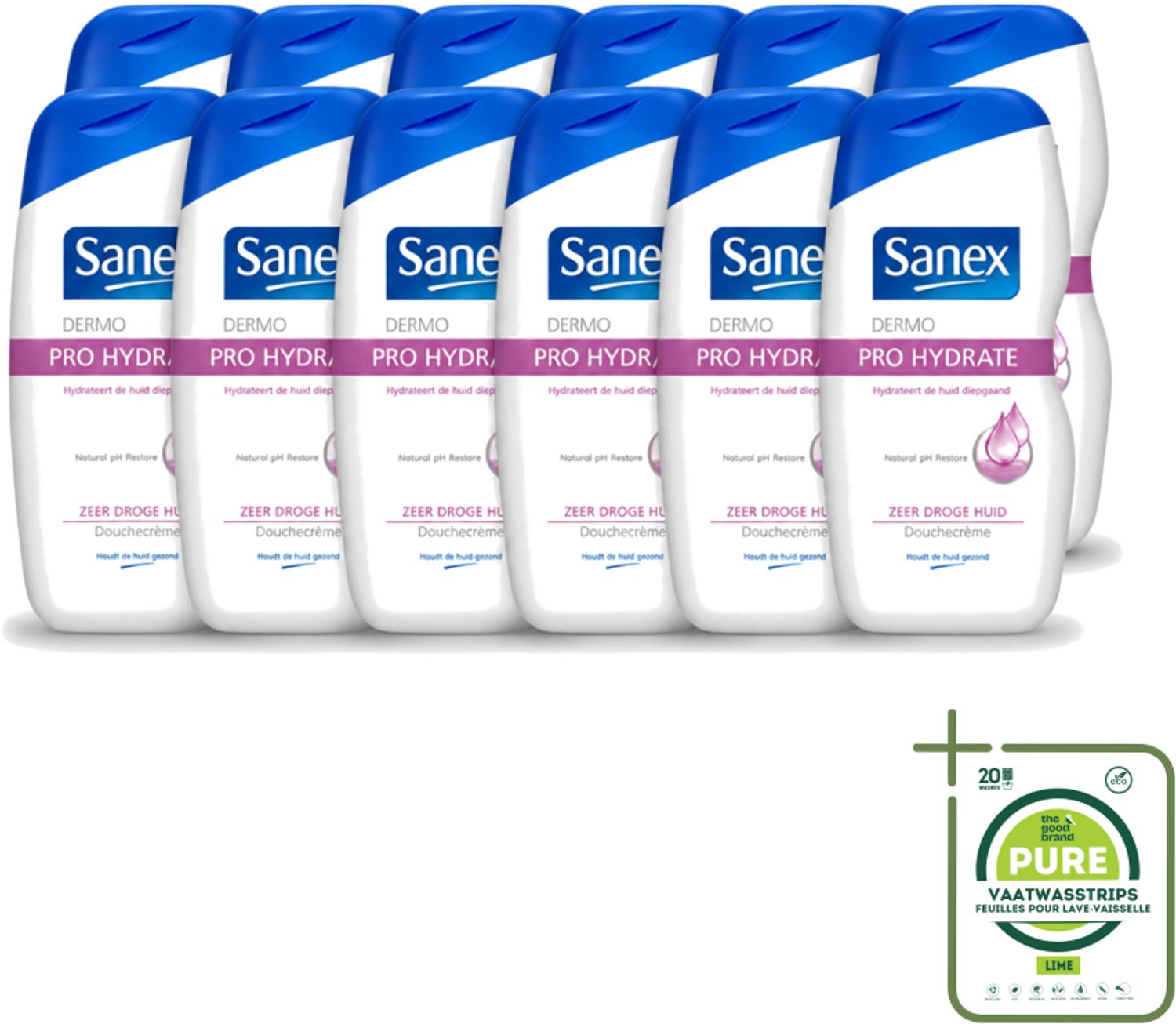 12 x Sanex Dermo - Pro Hydraterend - Douchecrème - Zeer Droge Huid - 500 ml - Grootverpakking - Vaatwasstrips - Hydratatie Huid - Droge Huid - Douchecrème - Huidbescherming - Dermo Active 3 Complex