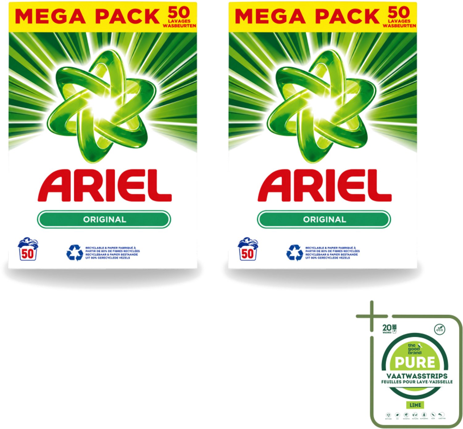 2 x Ariel Original - Waspoeder - Witte en Lichtgekleurde Was - 50 Wasbeurten - Grootverpakking - Vaatwasstrips - Waspoeder - Reiniging - Wasmachine - Energiebesparing - Milieuvriendelijk