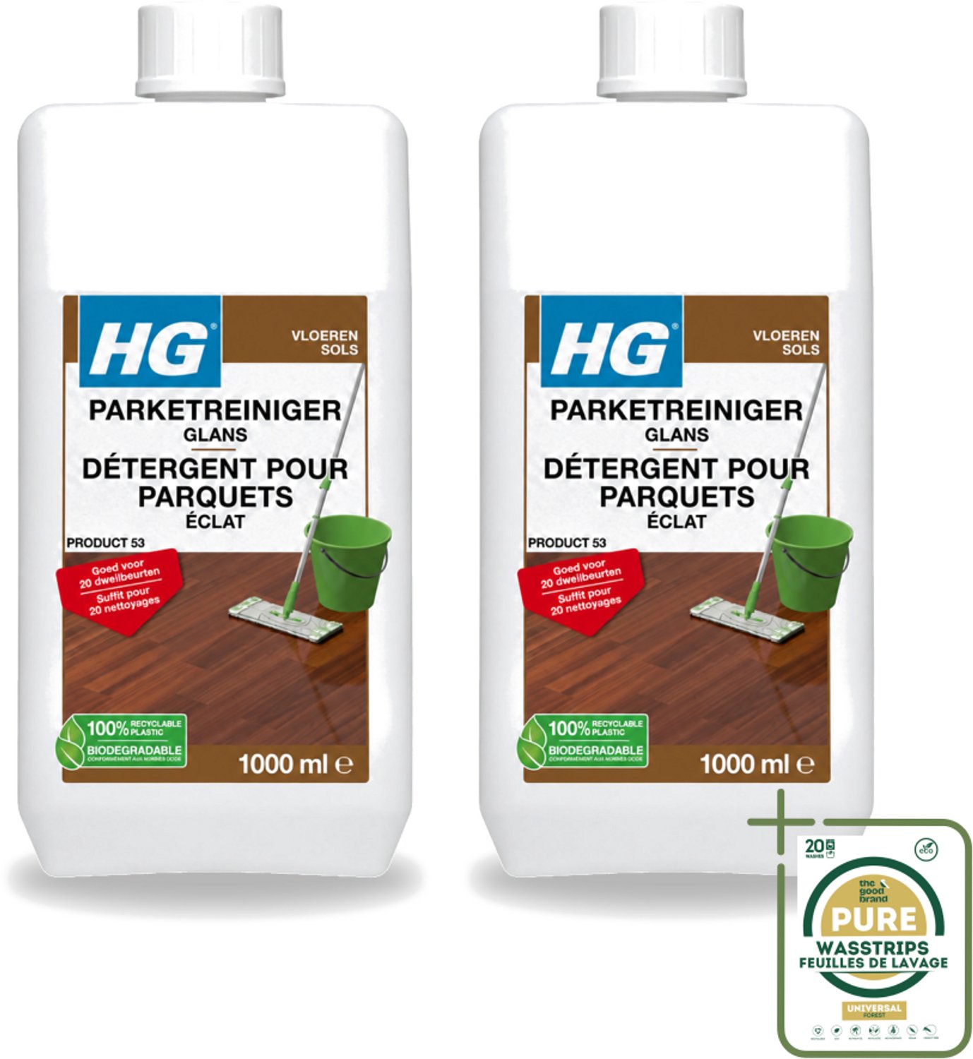 2 x HG - Vloeren - Parketreiniger Glans - 20 Dweilbeurten - 1L - Wasstrips - Parket Reinigen - Parket Glans Herstellen - Parket Reiniger - Parketvloer Reinigen - Parketvloer Beschermen