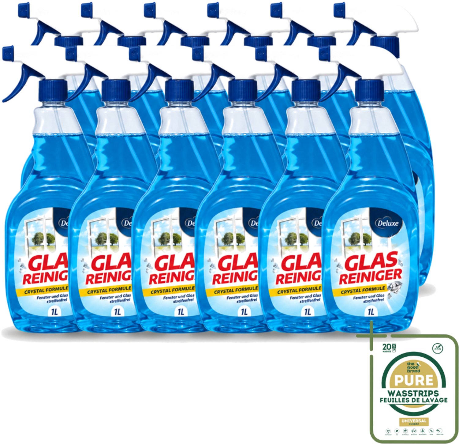 12 x Deluxe - Glasreiniger - Crystal Formule - Streeploze Glans - 1L - Wasstrips - Streeploze Glans - Glas Reiniger - Glas Reinigen - Glas Helderheid - Glas Reiniger Crystal Formule
