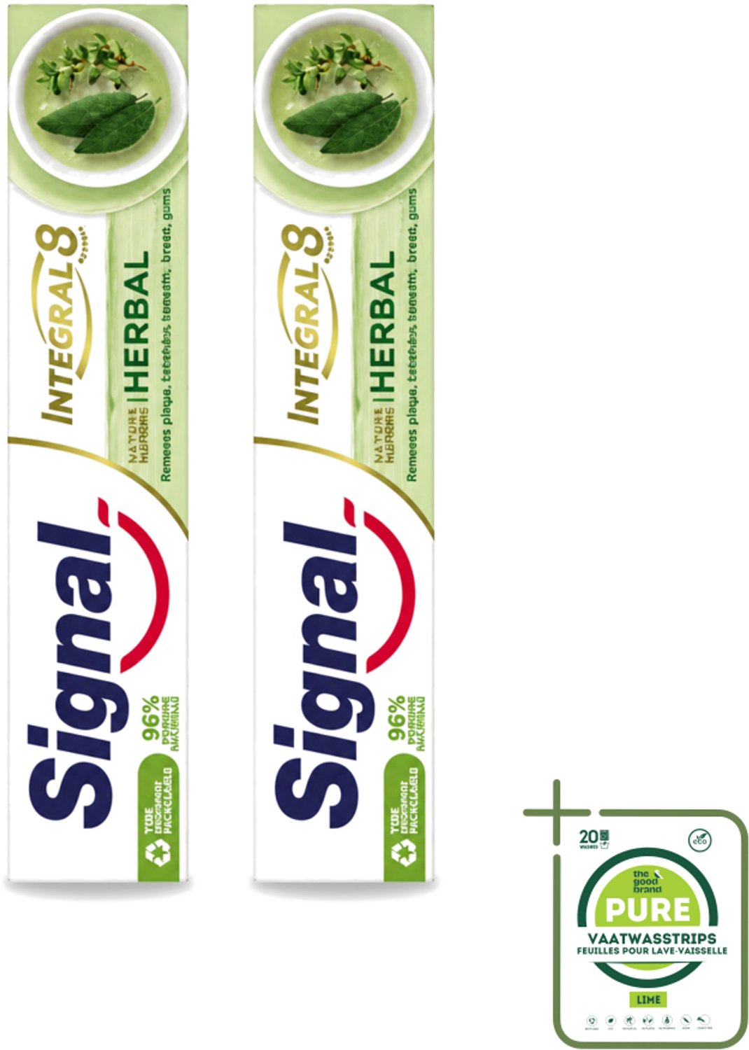 2 x Signal - Integral & Actions - Tandpasta - Natuurlijke Kruiden - Gerecyclede Verpakking - 75 ml - Grootverpakking - Vaatwasstrips - Tandpasta - Natuurlijke Kruiden - Fluoride - Tandbederf - Tandplak