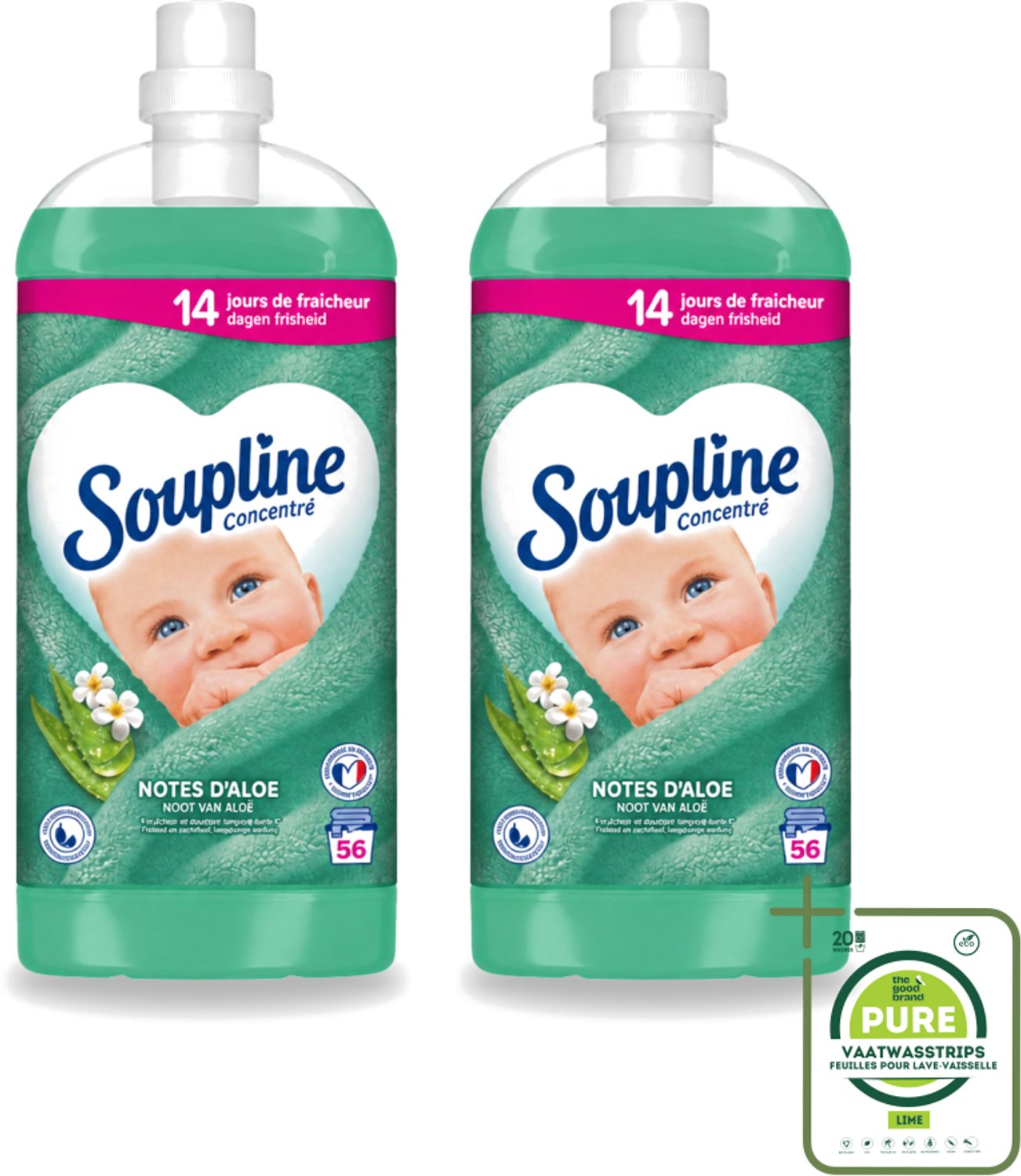 2 x Soupline - Wasverzachter - Aloë Vera - 56 Wasbeurten - 1.3L - Grootverpakking - Vaatwasstrips - Wasverzachter Aloë Vera - Frisse Geur - Zachte Kleding - 14 Dagen Frisheid - Natuurlijke Geur