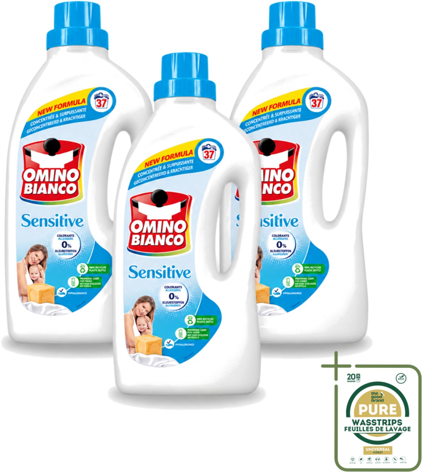 3 x Omino Bianco - Gevoelig - Wasmiddel - Witte & Gekleurde Was - 37 Wasbeurten - Wasstrips - Gevoelige Huid - Hypoallergene Wasmiddel - Wasmiddel Zonder Allergenen - Wasmiddel Zonder Kleurstof - Huidvriendelijk Wasmiddel