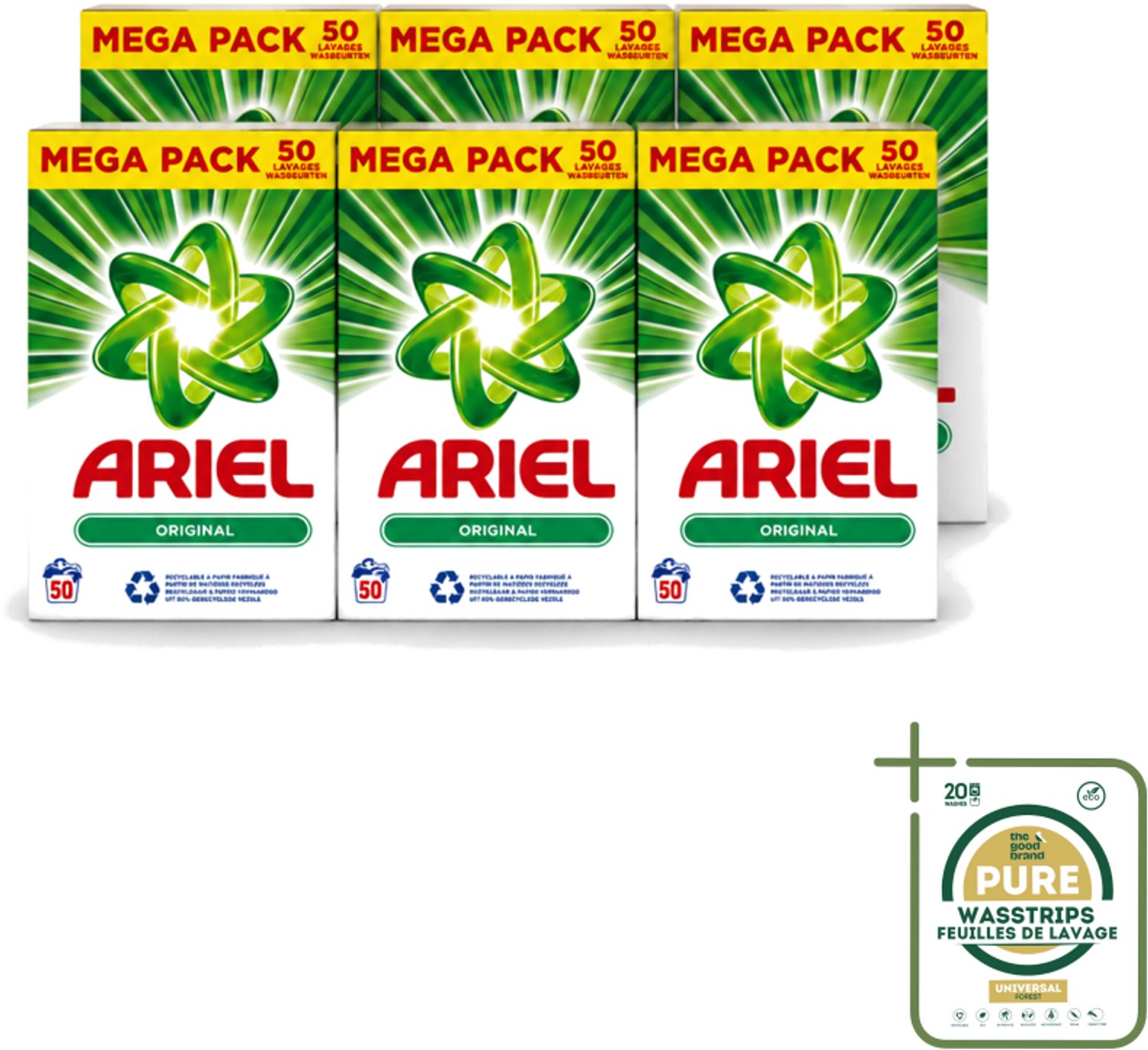 6 x Ariel Original - Waspoeder - Witte en Lichtgekleurde Was - 50 Wasbeurten - Wasstrips - Waspoeder - Reiniging - Wasmachine - Energiebesparing - Milieuvriendelijk