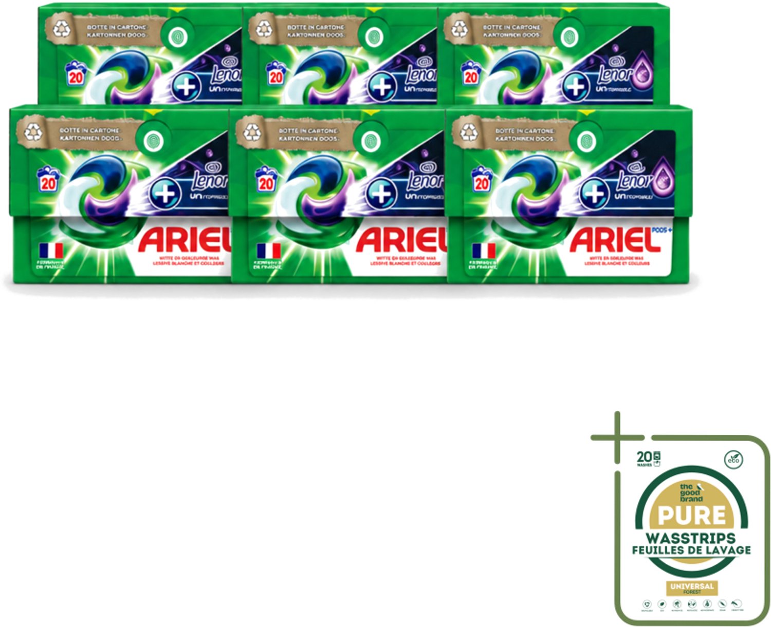 6 x Ariel Original - Touch of Lenor Unstoppables - Wasmiddelcapsules - Pods+ - Witte en Gekleurde Was - 20 Wasbeurten - Wasstrips - Wasmiddelcapsules - Reiniging - Vlekken Verwijderen - Frisheid - Koud Was