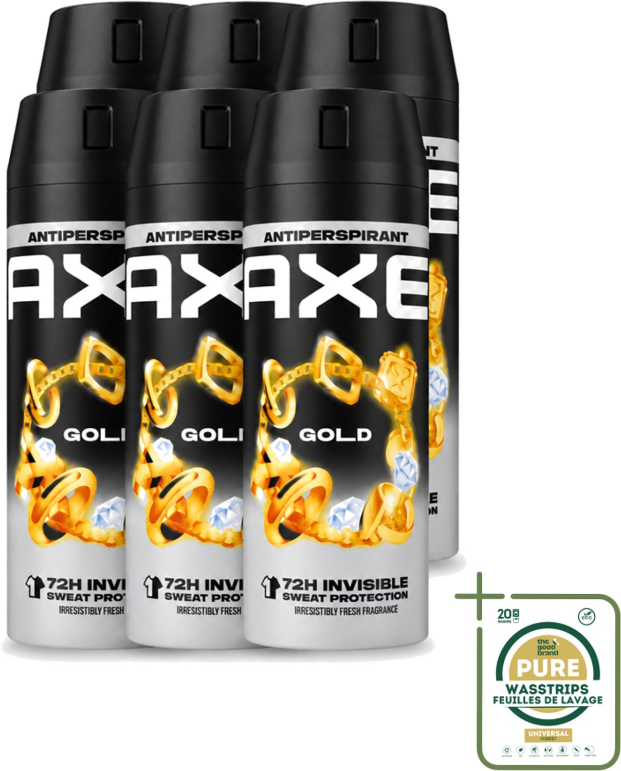 6 x Axe - Deodorant Spray - 72hrs Anti Sweat - Anti White Marks - Gold - 150 ml - Wasstrips - Anti Transpirant Spray - 72 Uur Bescherming - Zweetvoorkomend - Witte Strepen Voorkomen - Oud Wood Geur