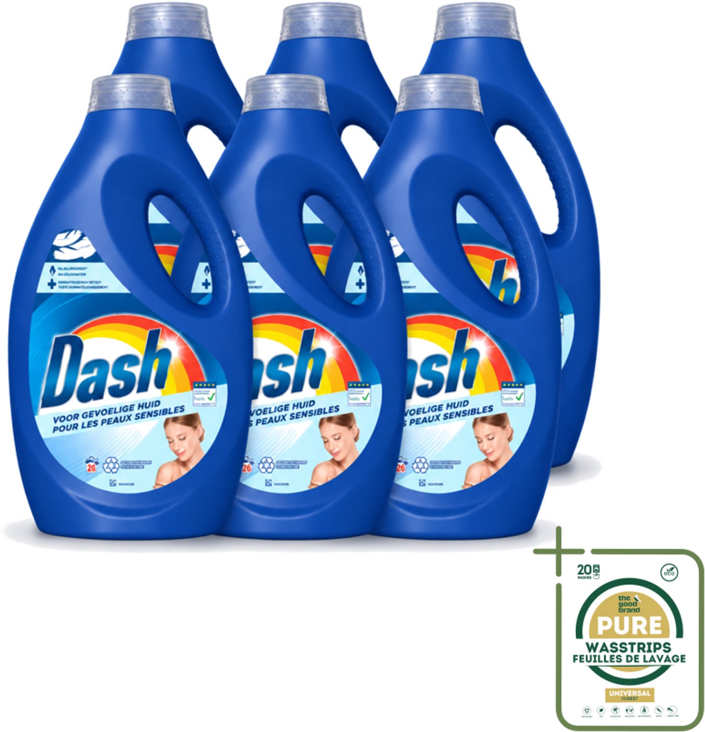 6 x Dash Sensitive - Vloeibaar Wasmiddel - Voor Gevoelige Huid - Witte en Gekleurde Was - 26 Wasbeurten - Wasstrips - Gevoelige Huid - Wasmiddel - Zachte Was - Dermatologisch Getest - ECARF
