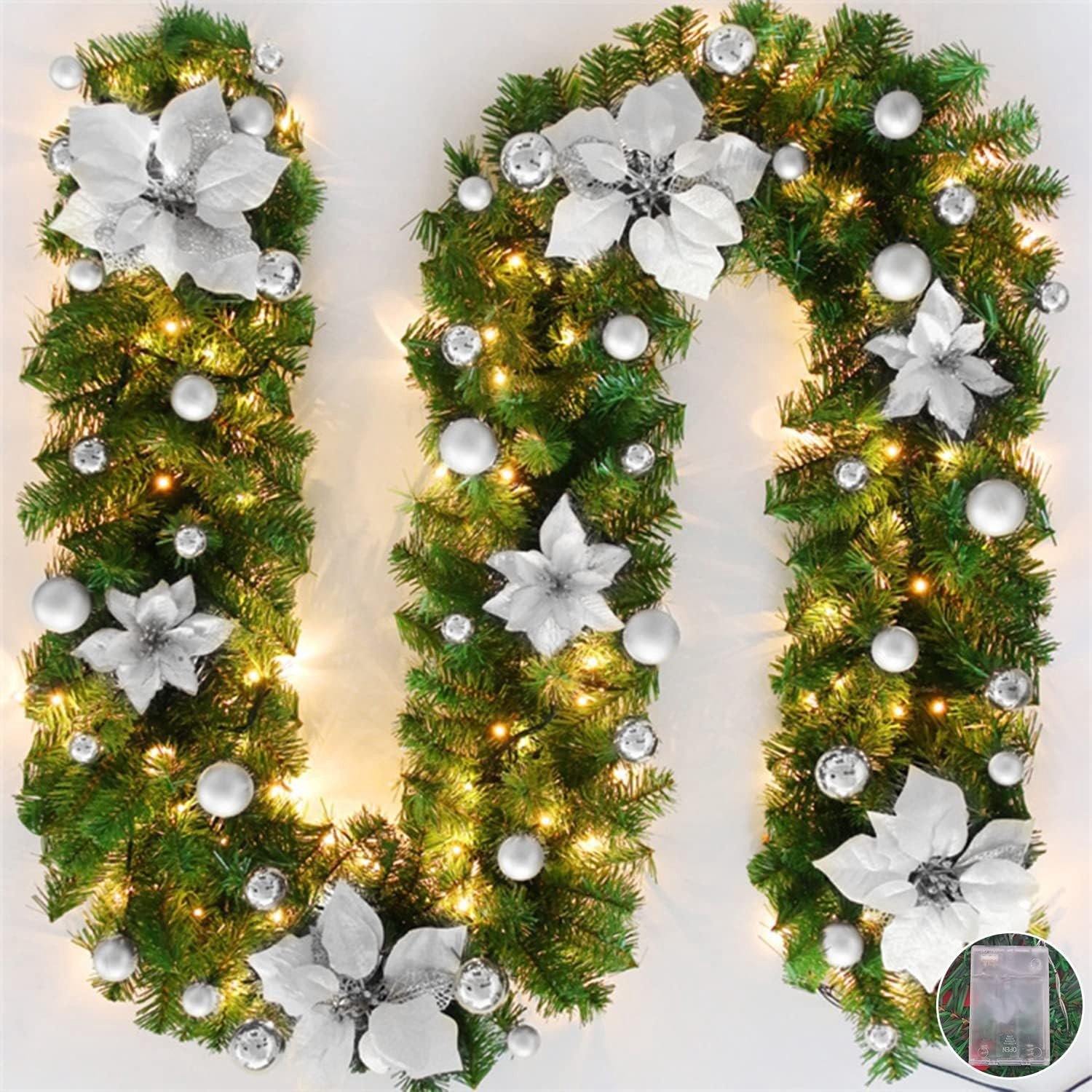 Kerstslinger - Zilver - 2,7 m - Kunst-rotan met LED-verlichting - Voor Decoratie