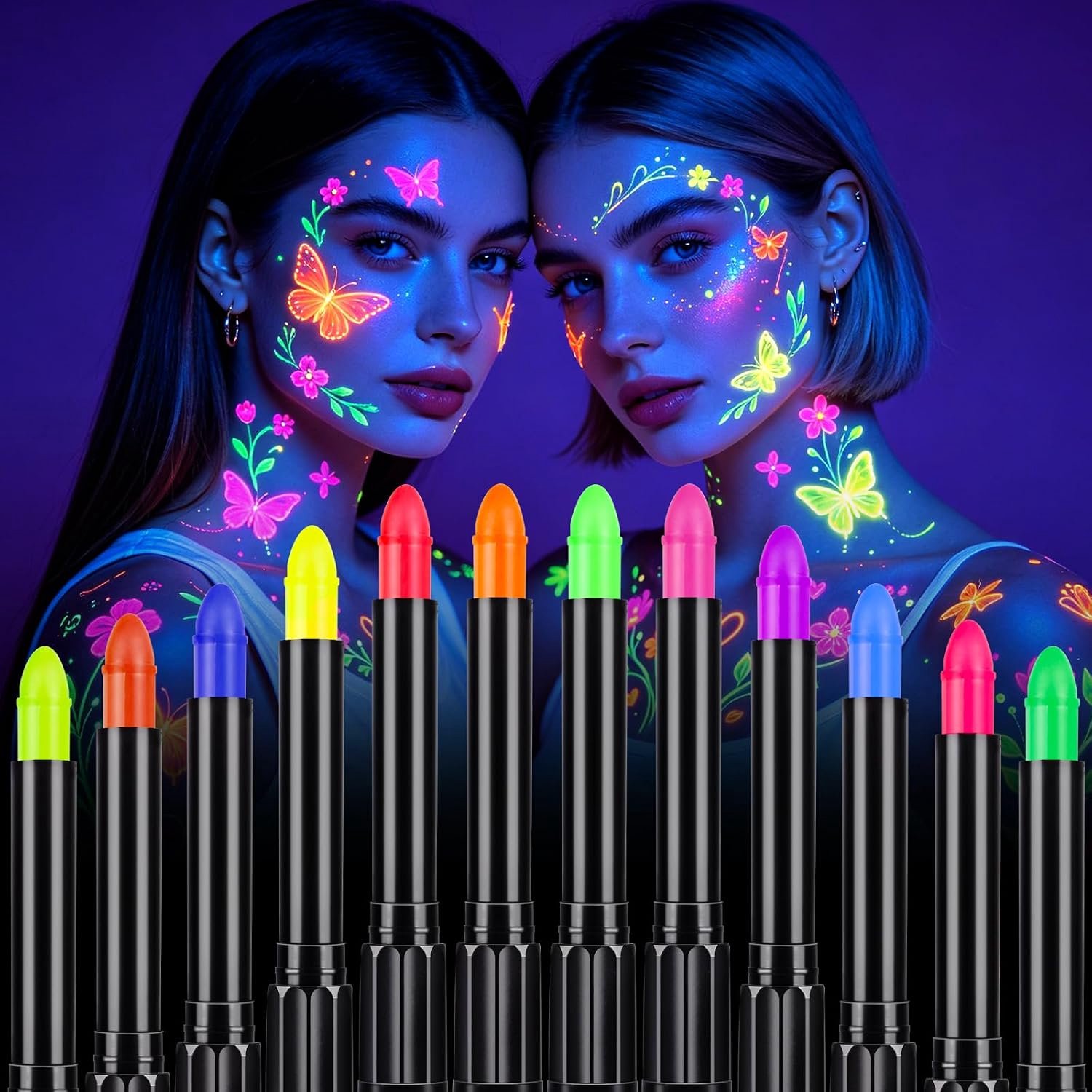 Face paint set 12 kleuren - wasbare make-up pennen - neon UV body painting - veilig voor kinderen - Homevero