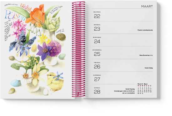 Agenda met spiraalbinding, pagina met paaseieren, kuiken en lentebloemen, met datum 28 maart.