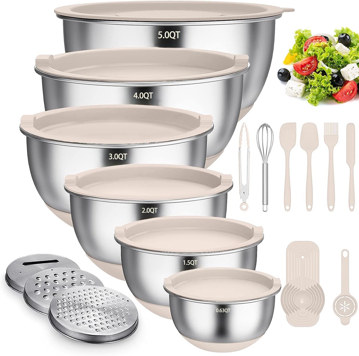 Mengkommen Set van 6 - Roestvrijstaal met Deksel, Siliconen Bodem en 3 Raspopzetstukken - Antislip & Stapelbaar - Khaki - 4.7l, 3.8l, 2.8l, 1.9l, 1.4l, 0.6l