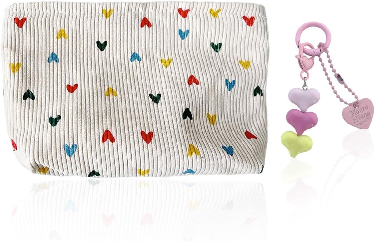 Draagbare Cosmetica Tas met Hartjesontwerp, Inclusief Sleutelhanger en Corduroy Opbergtas voor Make-up en Accessoires
