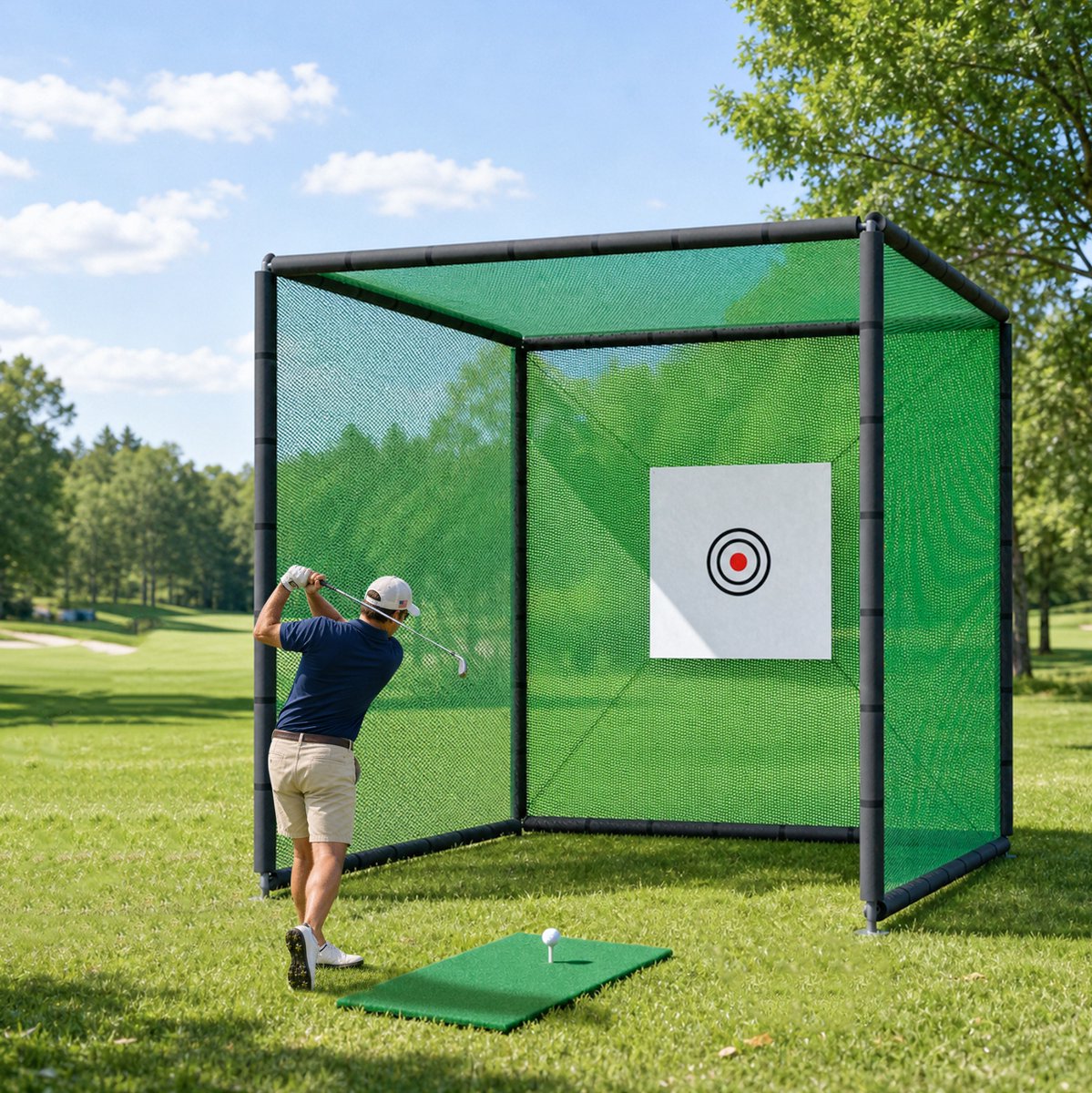Golftrainingsnet 300 X 300 X 300 Cm Met Doeldoek Trainingsmat En Rubbertee Van Metaal Zwart Voor Binnen En Buiten Oefenen