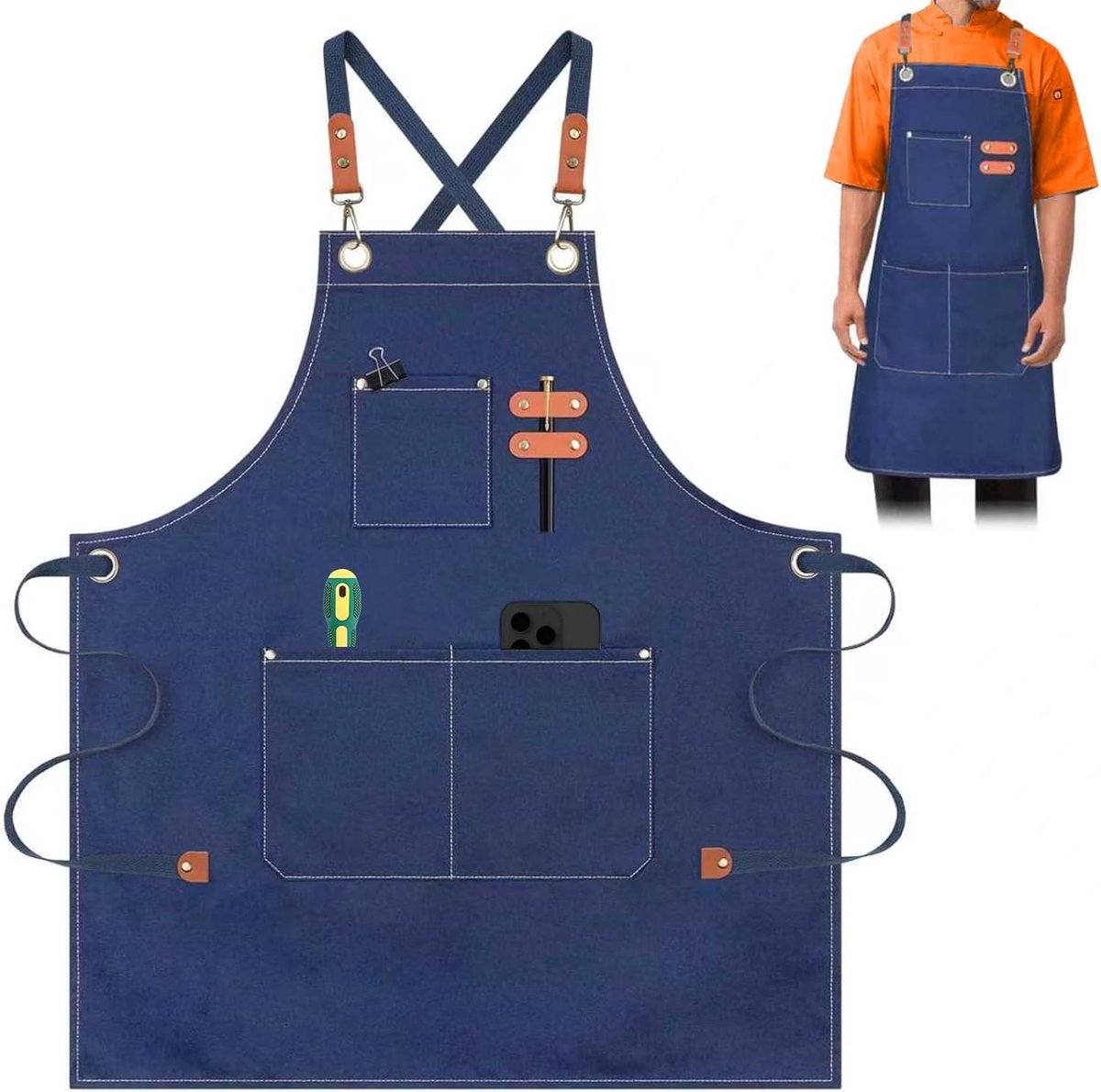 Duurzame Denim Werk Schort met Kruisende Bandjes 72 x 65 cm, Blauw met Bruine Leren Accenten voor Koken en Tuinieren