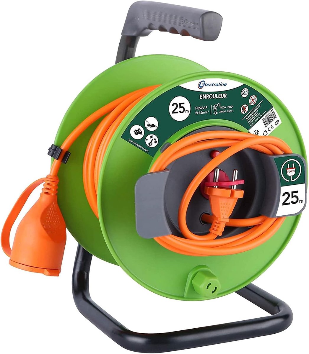 Kabelbaan tuin - Haspel - Groen - 25 M - Verlengkabel met 2-polige stekker en stopcontact - Voor elektrisch tuingereedschap