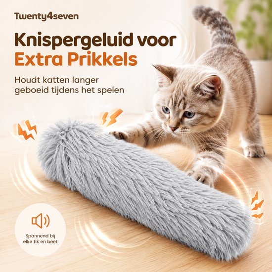 Een lichtgrijze, pluizige kattenspeelstaaf die een kitten aantrekt, met knisperende effecten.