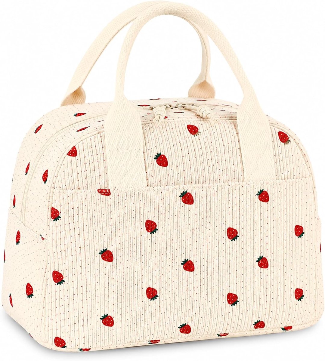 Geïsoleerde Lunchtas - Wit - 26 x 18 x 21 cm - Corduroy met Aardbeienpatroon - Voor Werk en Picknicks