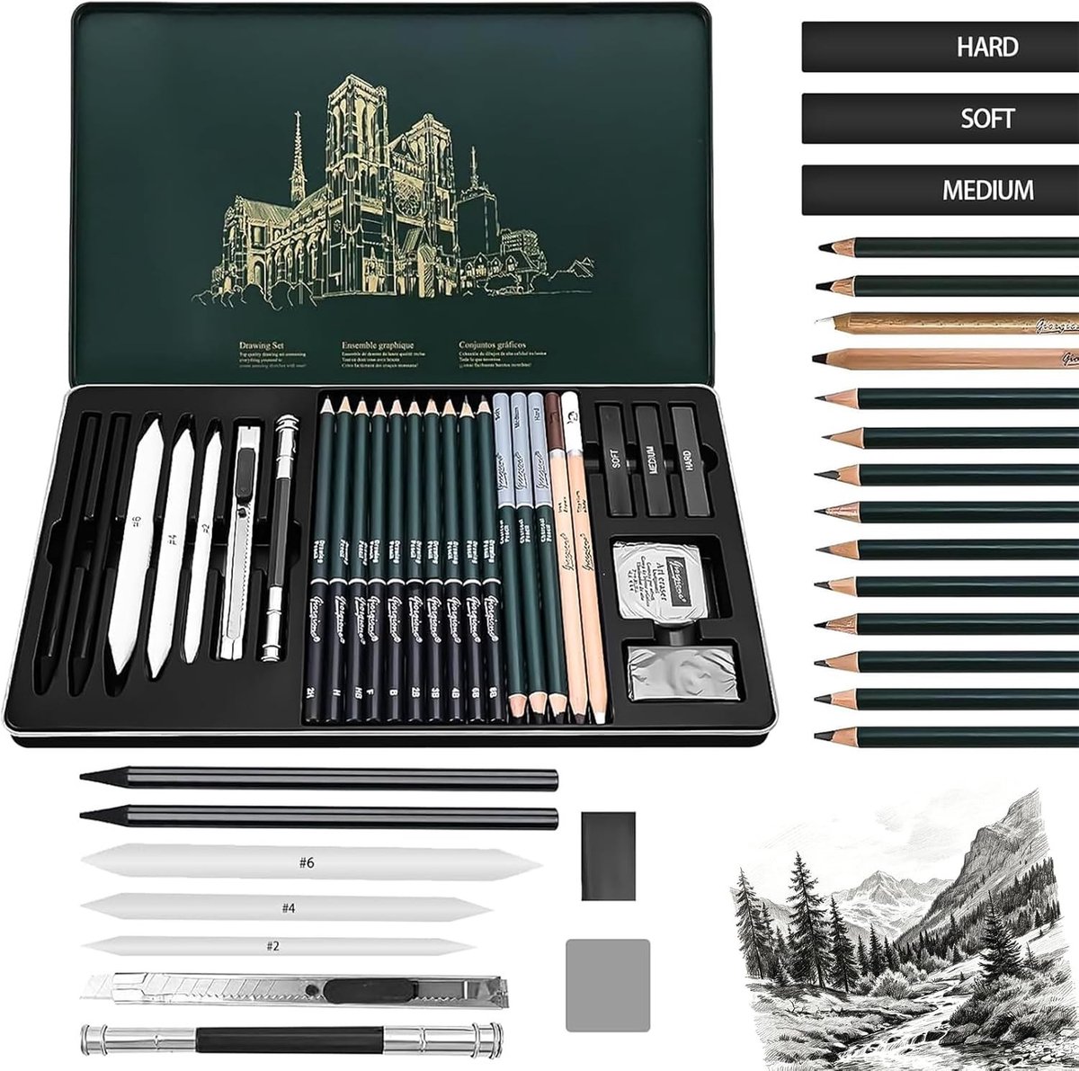 Professionele Tekenpencil Set met 27 Stukken, Inclusief Grafiet- en Houtskoolpotloden voor Schetsen en Tekenen door Kunstenaars, Volwassenen en Tieners