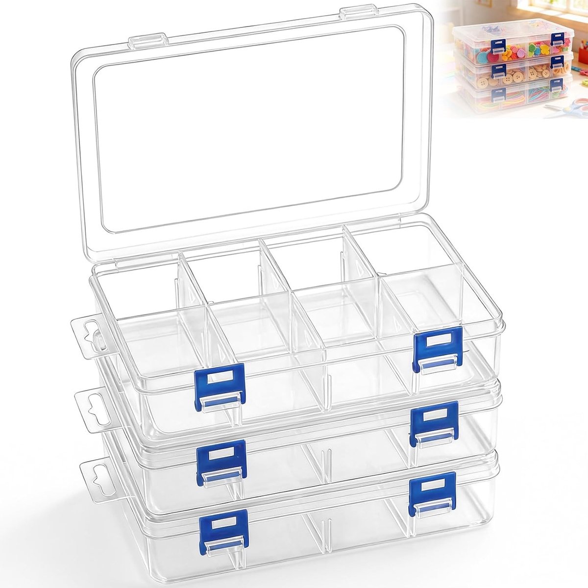 Opbergdoosjes met deksel - Transparant - 22 x 13,5 x 4,6 cm - Kunststof Organizer met 8 Verstelbare Vakjes - Voor Kleine Accessoires