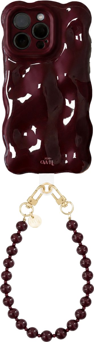 xoxo Wildhearts Bubbly case Burgundy - Burgundy Muse (kort koord) - geschikt voor iPhone 14 Pro - Hoesje met telefoonkoord - golvend hoesje met kralenketting - Telefoonhoesje met afneembaar koord - schokbestendig - Bordeaux rood / Burgundy