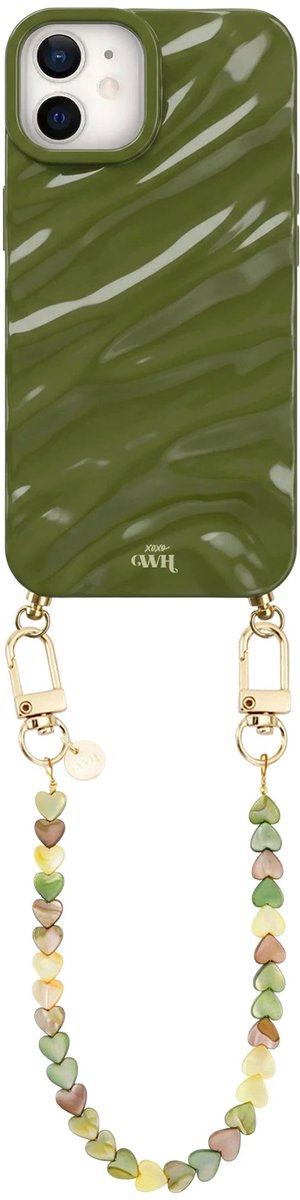 xoxo Wildhearts Green Glaze telefoonhoesje met koord - geschikt voor iPhone 11 - Shell Hearts Olives (kort koord) - Dream hoesje met telefoonkoord - Glimmende silicone case met plooien - Hartjesketting - Groen