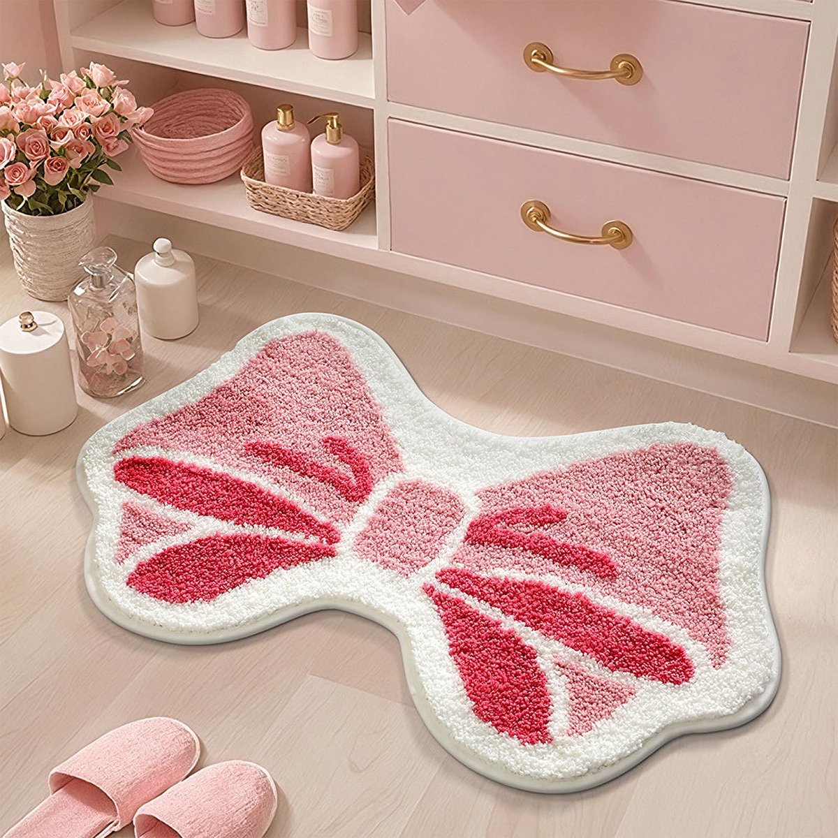 Roze Badmat met Vlinder- en Strikmotief – Extra Dik en Zacht – Antislip – 50x80 cm – Machinewasbaar – Geschikt voor Meisjesslaapkamer – Huidvriendelijk Microvezel