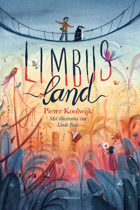 De voorkant van het boek Limbusland. Een jongen en een pinguïn staan op een brug. De titel 'Limbusland' is in grote letters geschreven.