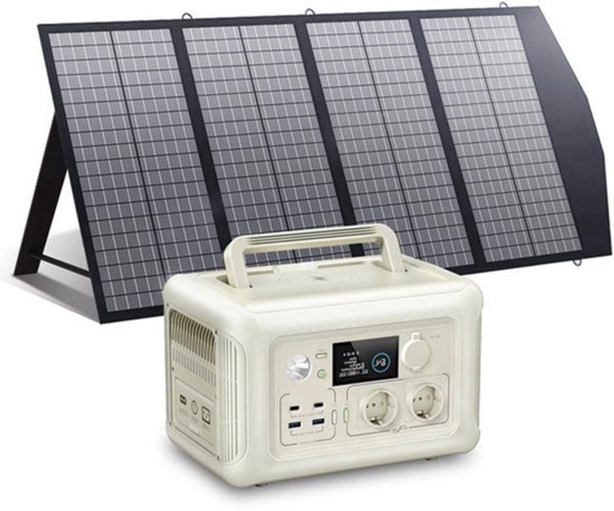 Draagbare Powerstation - Powerbank - Stroomgenerator - Generator - 600W Vermogen – met 140W Zonnepaneel - Generatoren - LiFePO4 Batterij – UPS & MPPT Technologie – Geschikt voor Outdoor & Noodstroomvoorziening
