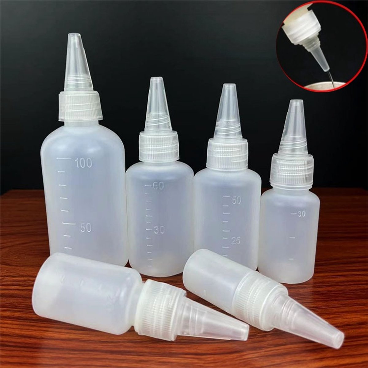 Set van 6 herbruikbare plastic knijpflessen (10 ml, 20 ml, 30 ml, 50 ml, 60 ml, 100 ml) – Knijpflessen / Sausflessen / Doseerflessen – Knijpflessen voor sauzen en toppings – Transparante knijpflessen voor schilderen en bakken