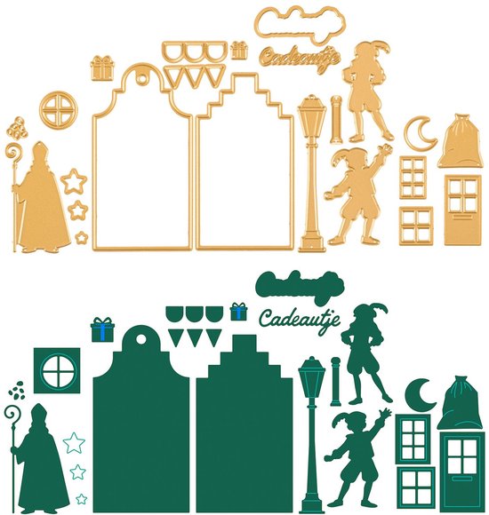 Gouden en groene snijmallen met Sinterklaas, pieten, grachtenpanden, cadeautjes en 'cadeautje' tekst.