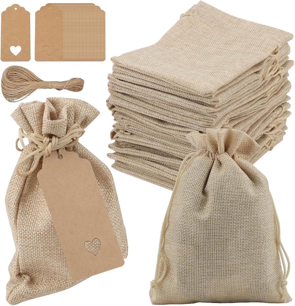 50 Stuks Jute Zakjes met Trekkoord 17 x 23 cm, Perfect voor Bruiloft, Feest en Cadeaus, Linnen Zakjes voor Sieraden en Decoratie
