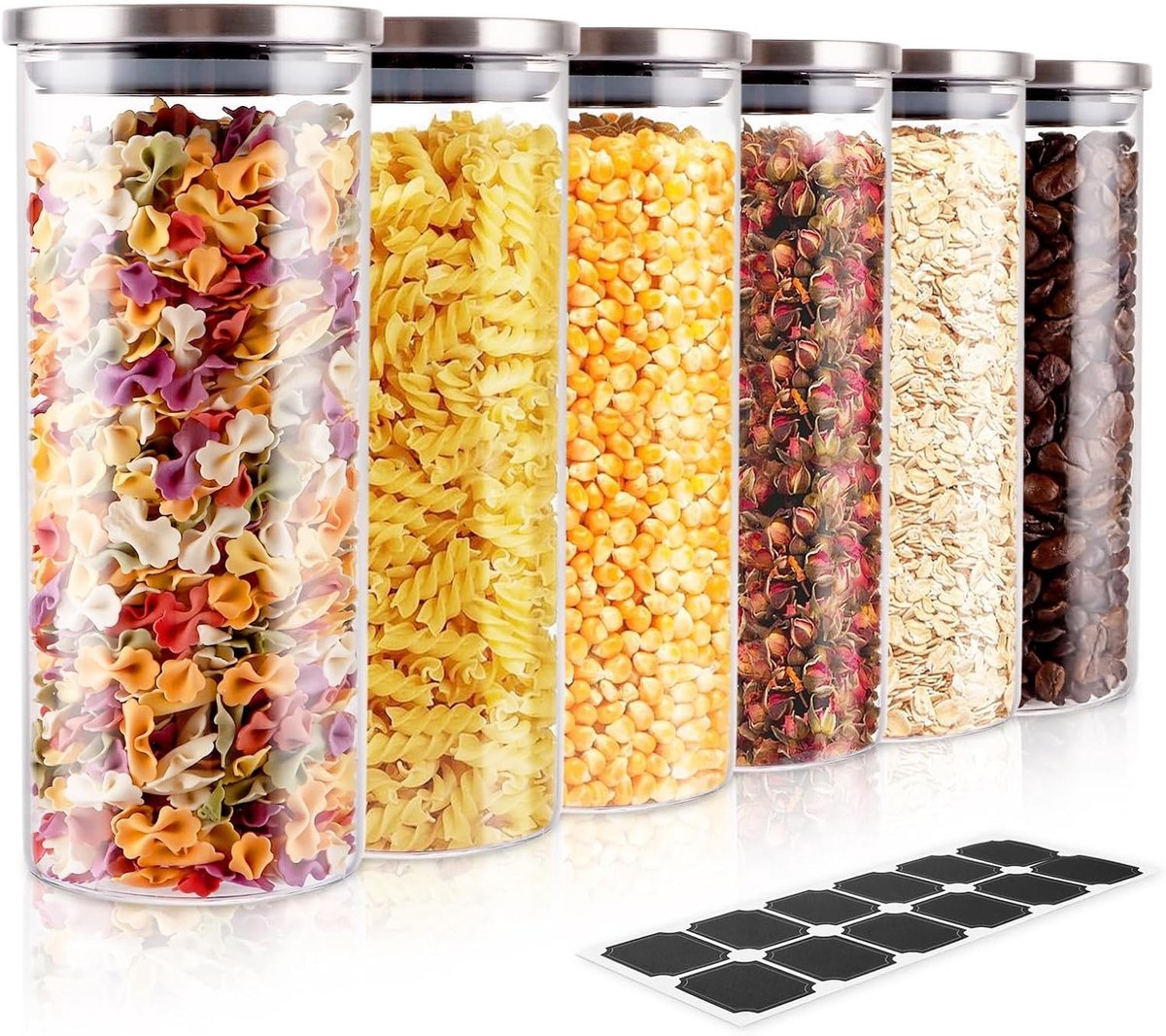 Glazen Opbergpotten met RVS Deksel 950ml - Set van 5 voor Pasta, Rijst, Koffie en Thee - Ideaal voor Keuken en Voedselopslag
