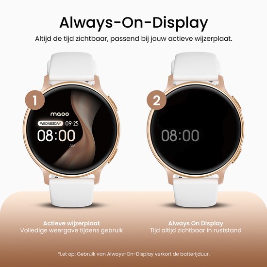 Gouden smartwatch met wit bandje, naast een demonstratie van de Always-On-Display functie met tijdweergave om 08:00.