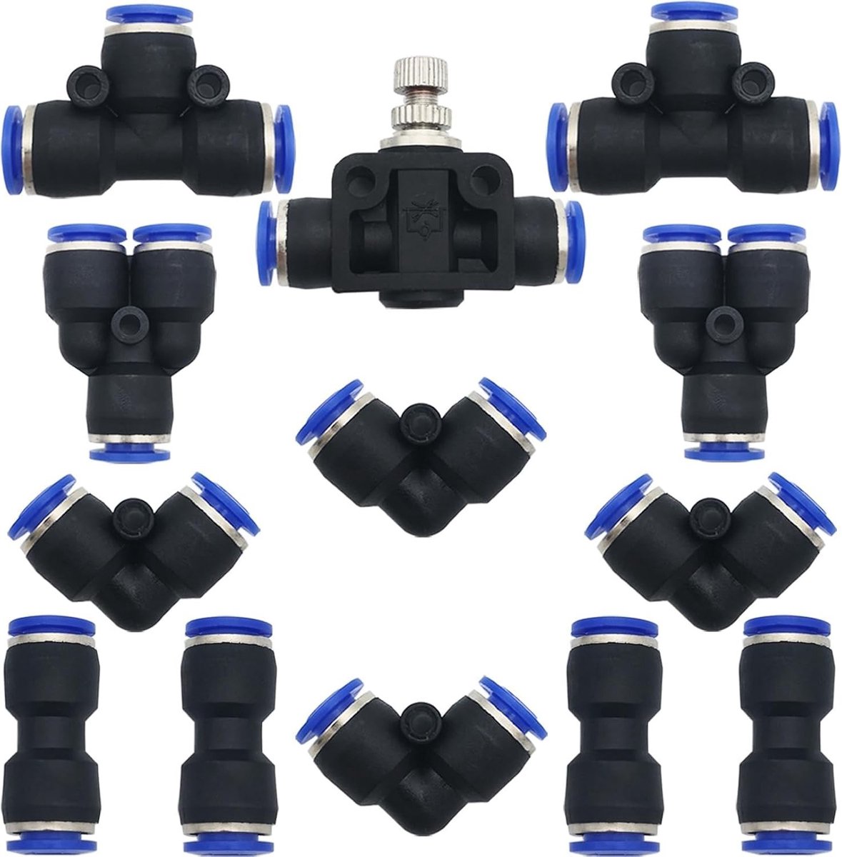 13-delige Snelle Koppeling Lucht Push Kit, Slangconnector voor 10 mm PU/PE/Nylon Buizen, Inclusief Type Y, T, L, I en Combinatie Slangventielen