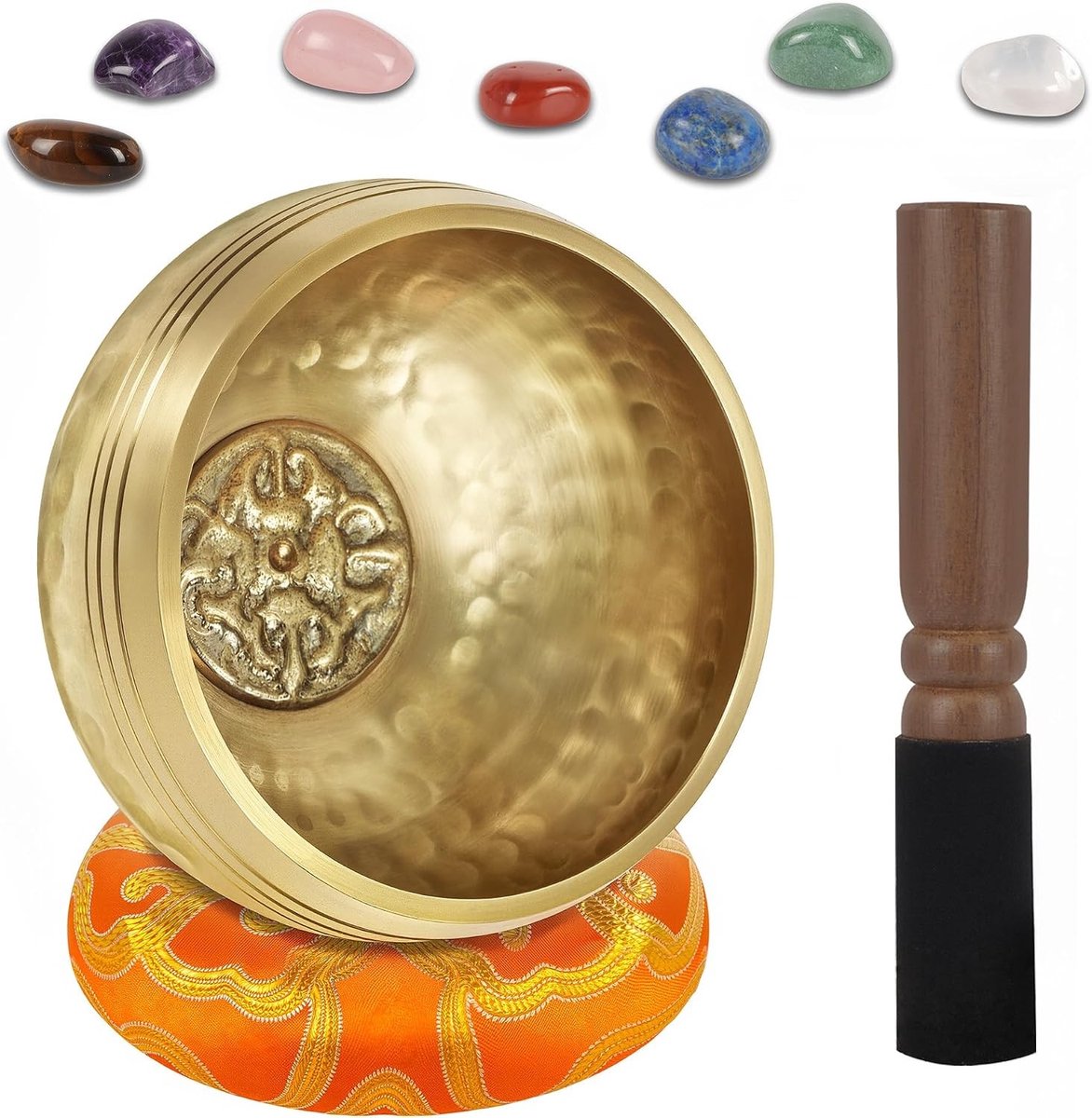 Kristallen klankschaal - Geel - 8 cm - Handgemaakte metalen klankschaal met 7 chakra kristallen - Voor meditatie en ontspanning