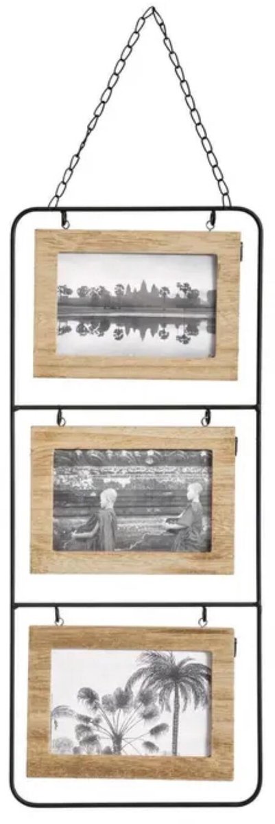 Atmosphera Collage fotolijst Nomad - 3x foto - voor 10 x 15 cm foto - hout en metaal - beige/zwart - 22 x 52 cm - lijstje - muur