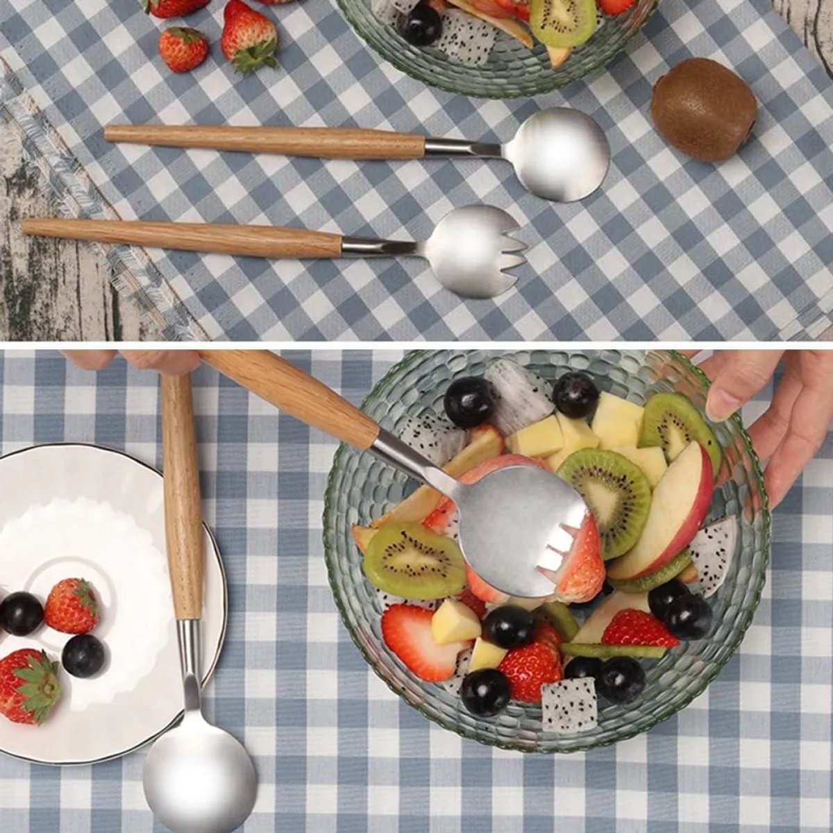 Deze tweedelige saladebestekset van roestvrij staal heeft houten handgrepen en is stevig en duurzaam, waardoor hij geschikt is Geschikt voor picknicks, maaltijden of dineren in de buitenlucht.