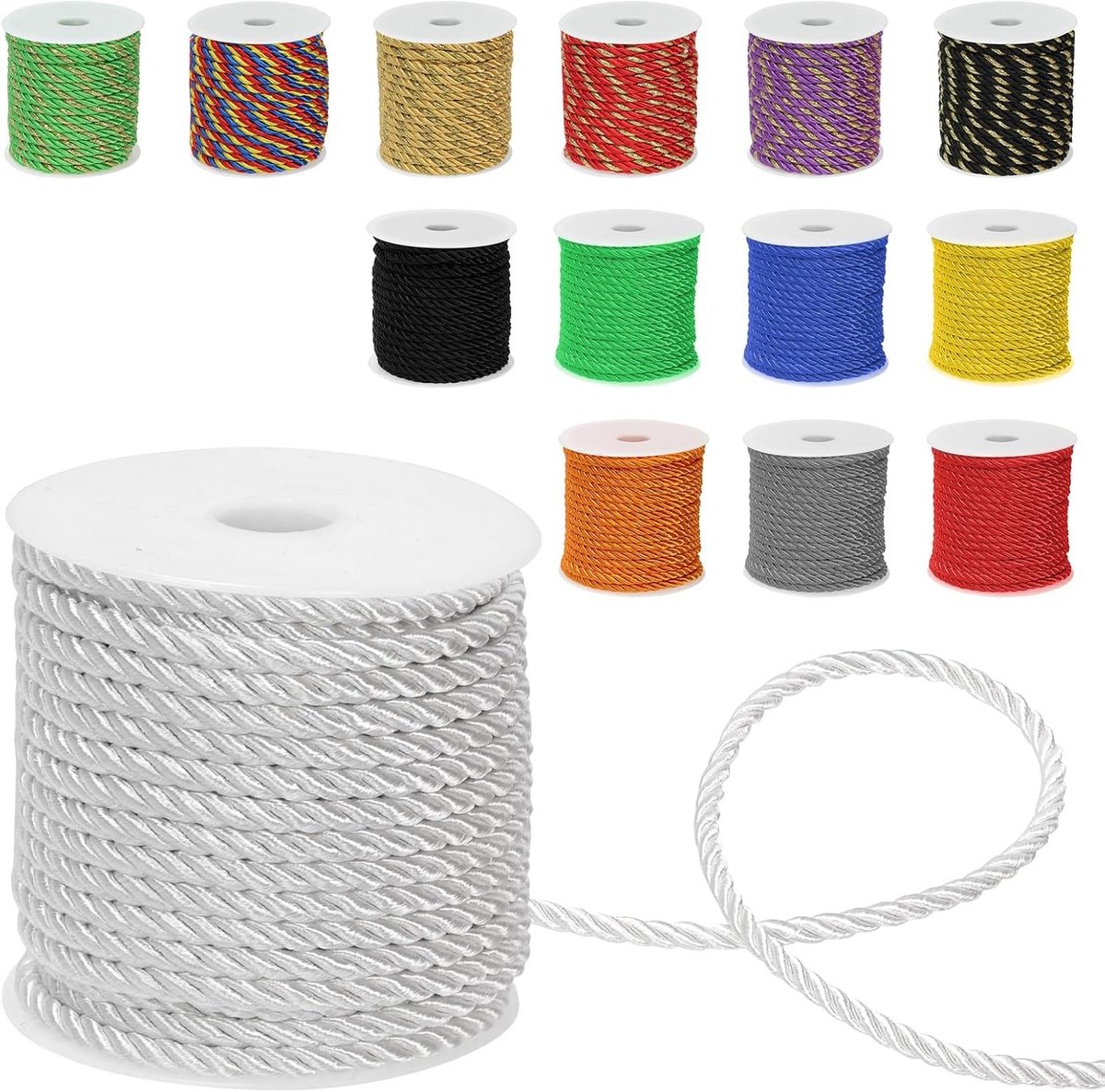 Decoratieve 3-laags gedraaide koord van 5mm x 18m voor thuisdecoratie, DIY-projecten en gordijnbinding - Wit polyester touw