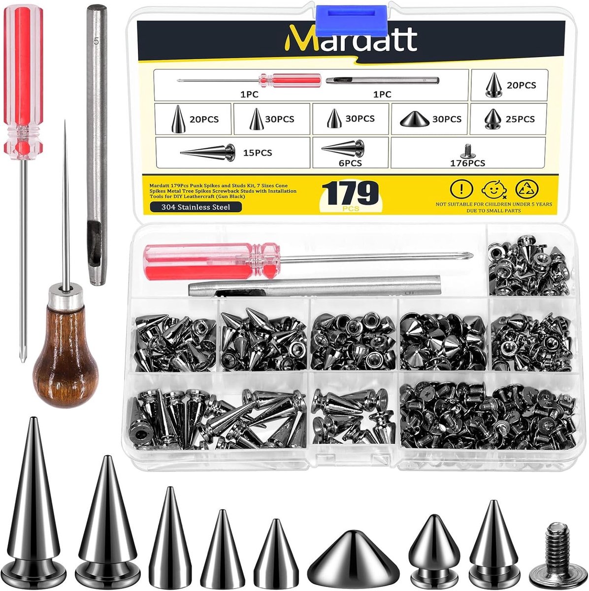 179-delige Punk Spikes en Studs Kit met 7 maten, metalen spikes en schroefstuds voor DIY leren projecten