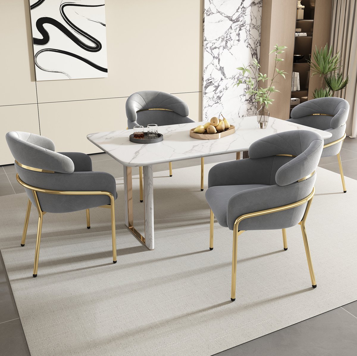 DESMIU Eetkamerstoel Set Van 4 54 Cm - Licht Luxe Design Met Comfortabele Zitting En Armleuningen - Voor Eetkamer Woonkamer En Slaapkamer - Velvet - Grijs