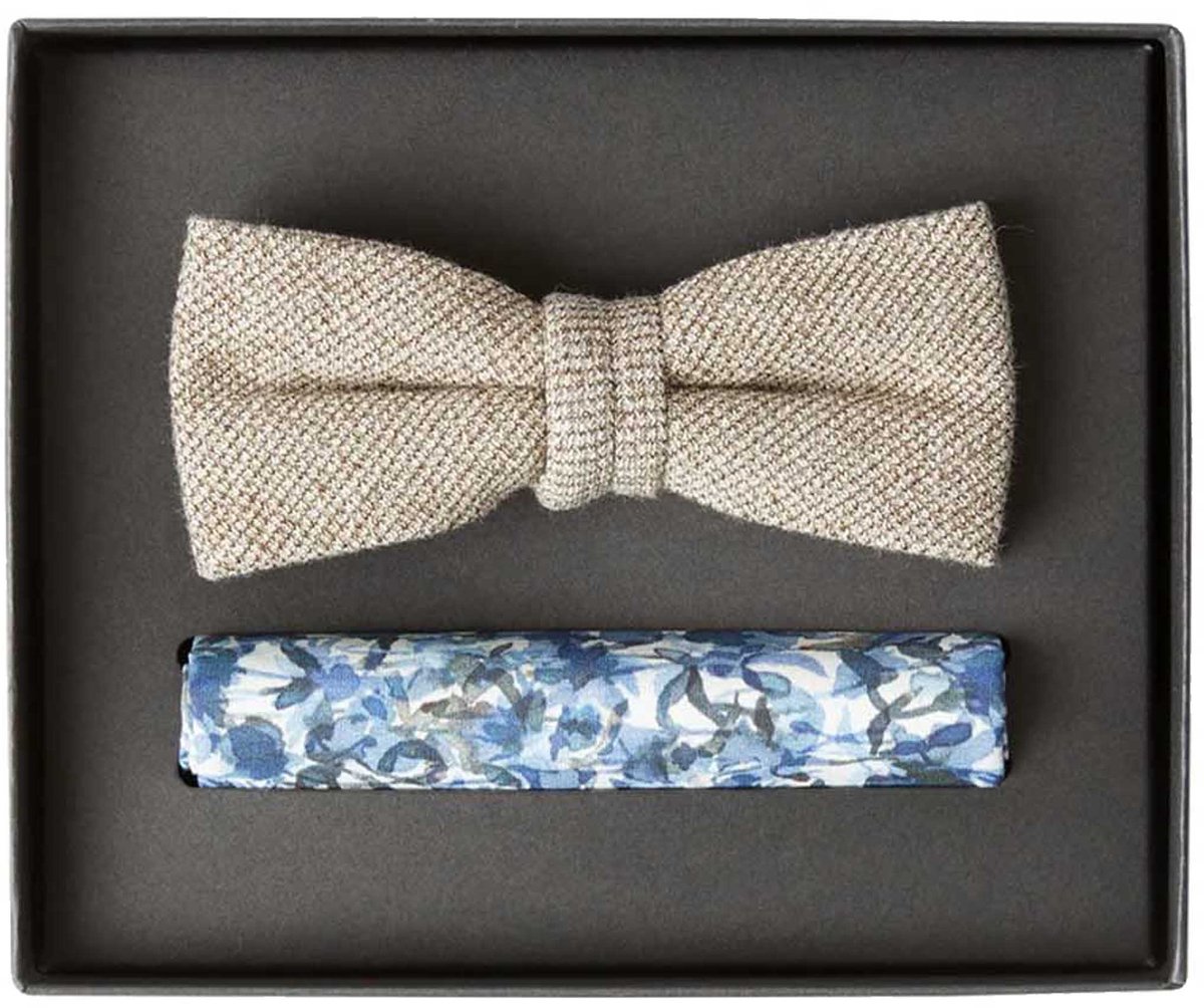 VENTI set met vlinderdas en pochet - beige - blauw - wit dessin