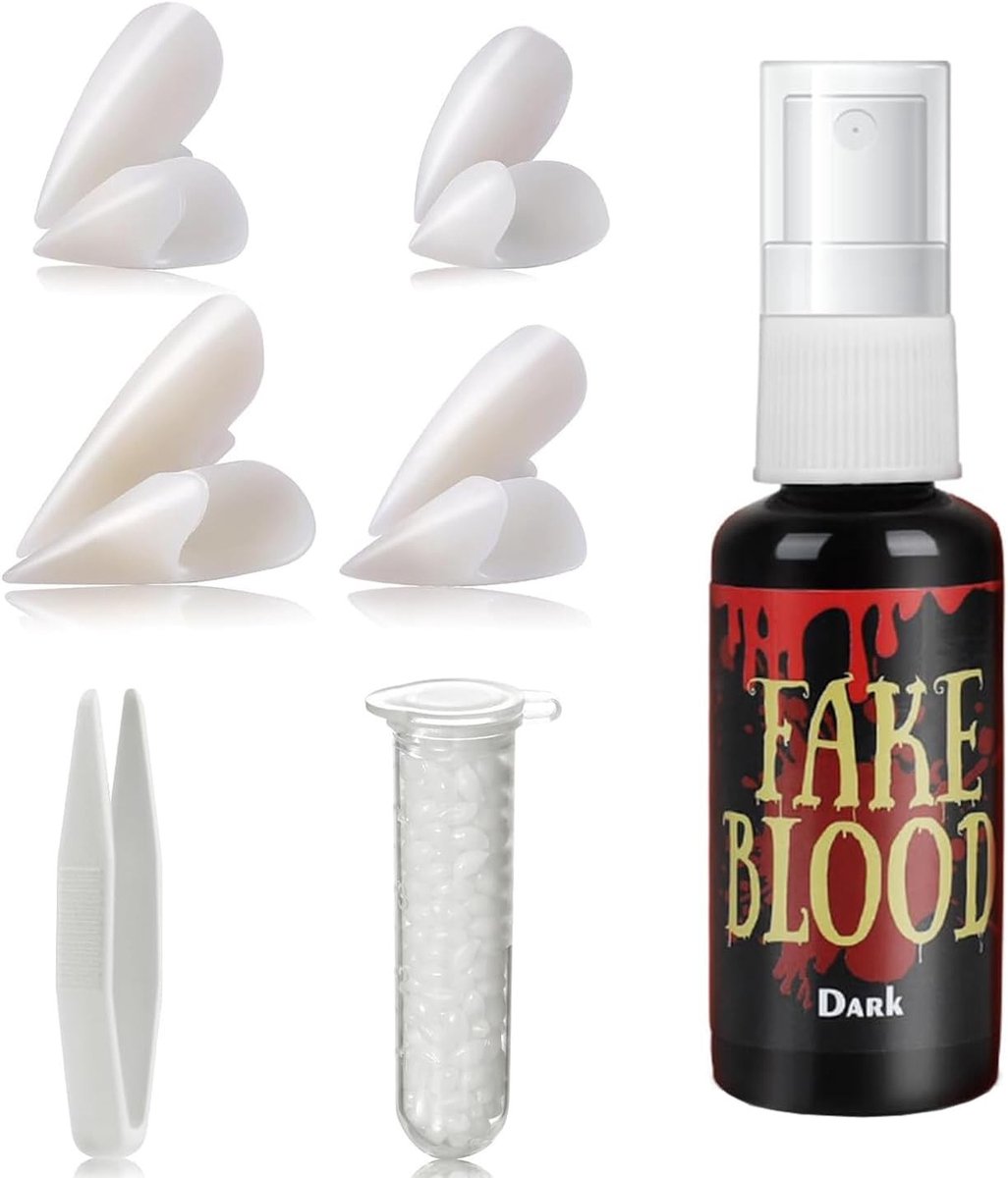 4 Paar Vampiertanden met 60ml Nepbloed Spray en 1 Tube Lijm voor Volwassenen en Kinderen, Perfect voor Halloween en Feestjes