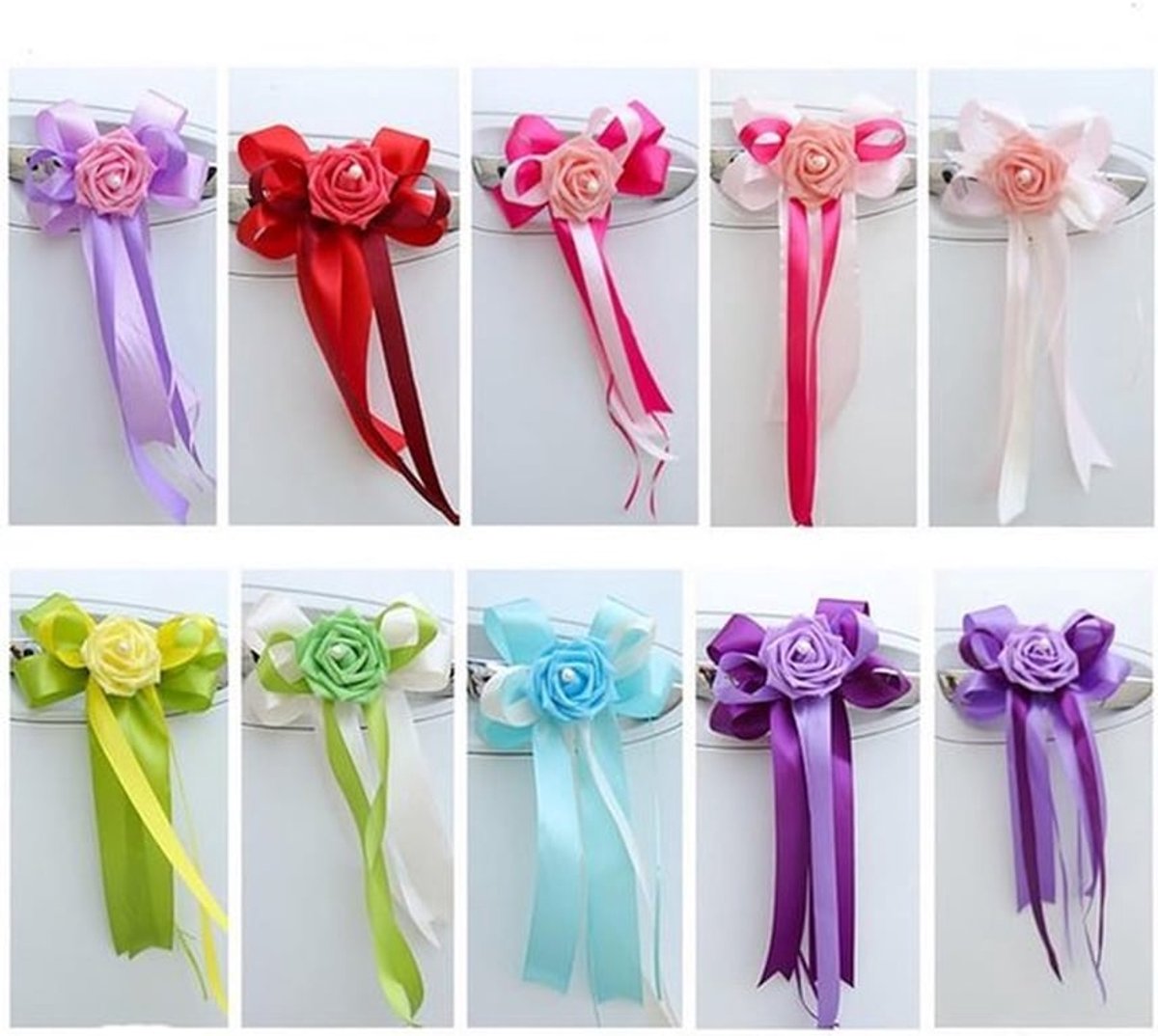 20 Stuks Bruiloft Auto Decoratie Bogen met Nepp bloemen voor Deurhandgrepen en Spiegels, Handgemaakte Satijnen Bogen voor Bruiloft en Feestdecoratie