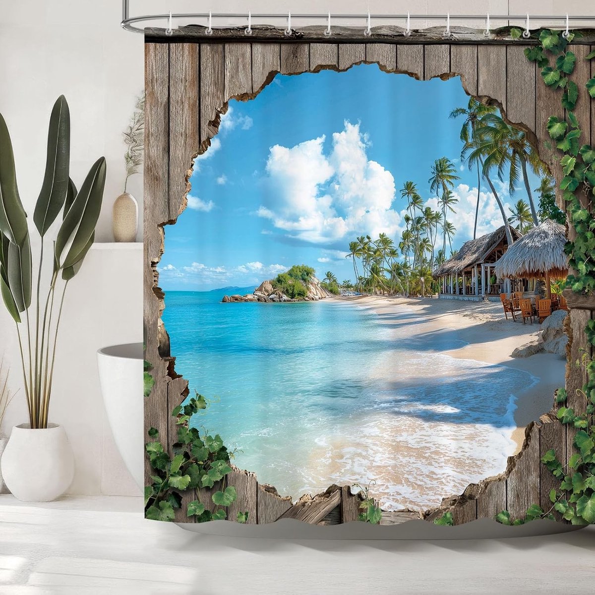 Coastal Resort Douchegordijn met Ocean Design, Waterdicht en Schimmelbestendig, Inclusief 12 Haakjes, 180 x 180 cm voor Badkamerdecoratie